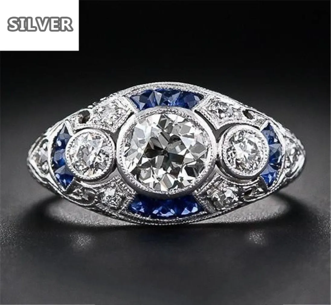 925 anillos Silver Retro Court Full Cubic Zirconia Ring For Women Ladies Elegant Blue Crystal Rings Banquet Sapphire Jewelry7365950