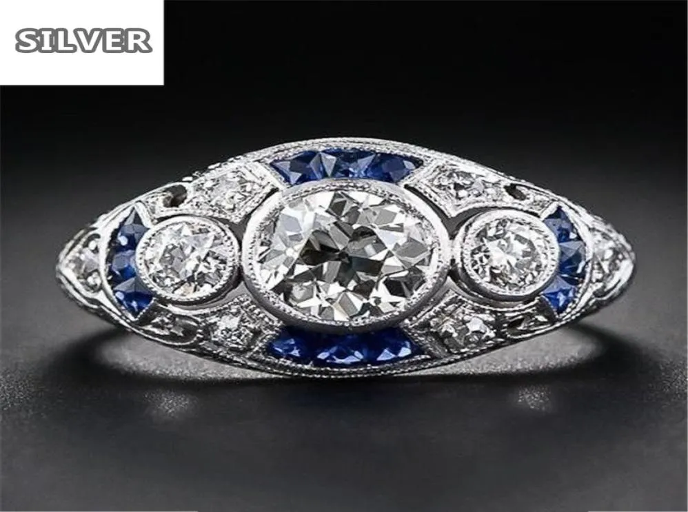 925 Anillos Silver Retro Court Full Cubic Zirconia Ring for Women Ladies Elegant Blue Crystal Rings Bankett Sapphire Jewelry6390758