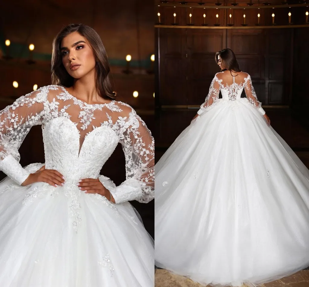 Vintage Long Sleeve A Line Wedding Dresses Arabic Dubai Sheer Jewel Neck Appliques Beads Ruched Ball Gown Bridal Gowns Robes de mariage Plus Size BC18607