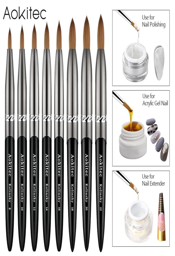 Aokitec Kolinsky Acrylic Nail Brush 1st Black UV Gel Polish Nails Art Extension Builder Pen Ritning Borstar för Manicure Tool2584603