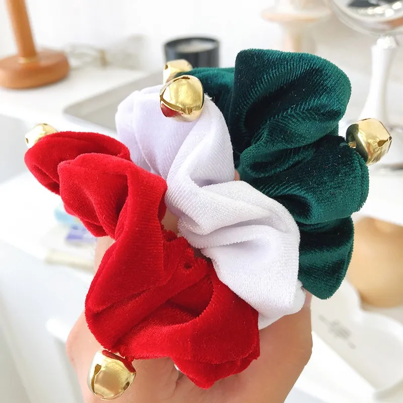 Christmas Bell Scrunchie Solid Color Velvet Soft Elastic Large Intestine Ponytail Holder Charms for Girls Hair Accessories