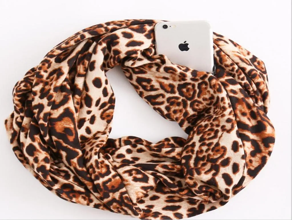 Mode bärbara kvinnor konvertibla oändlighetshalsduk med blixtlåsficka alla matchar leopard tryck resor rensor3883455