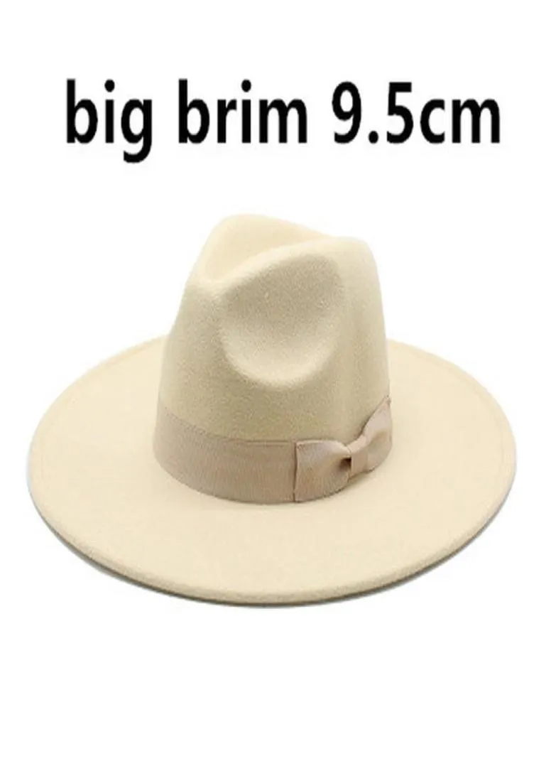 95cm Large Brim Wool Felt Fedora Hats With Bow Belts Women Men Big Simple Classic Jazz Caps Solid Color Formal Dress Church Cap8350835