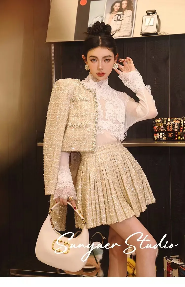 Small Fragrance Autumn Winter Beading Tweed Pearls Short Jacket