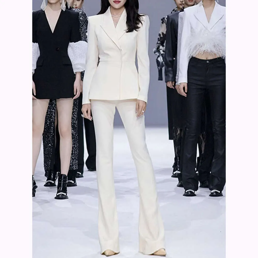 Kadınlar Suits Blazers Yıldız Minimalist Krem Renkli Gizeli Tokalı Bel Kapatma Takım Parlamış Pantolon Seti, İki Parçalı