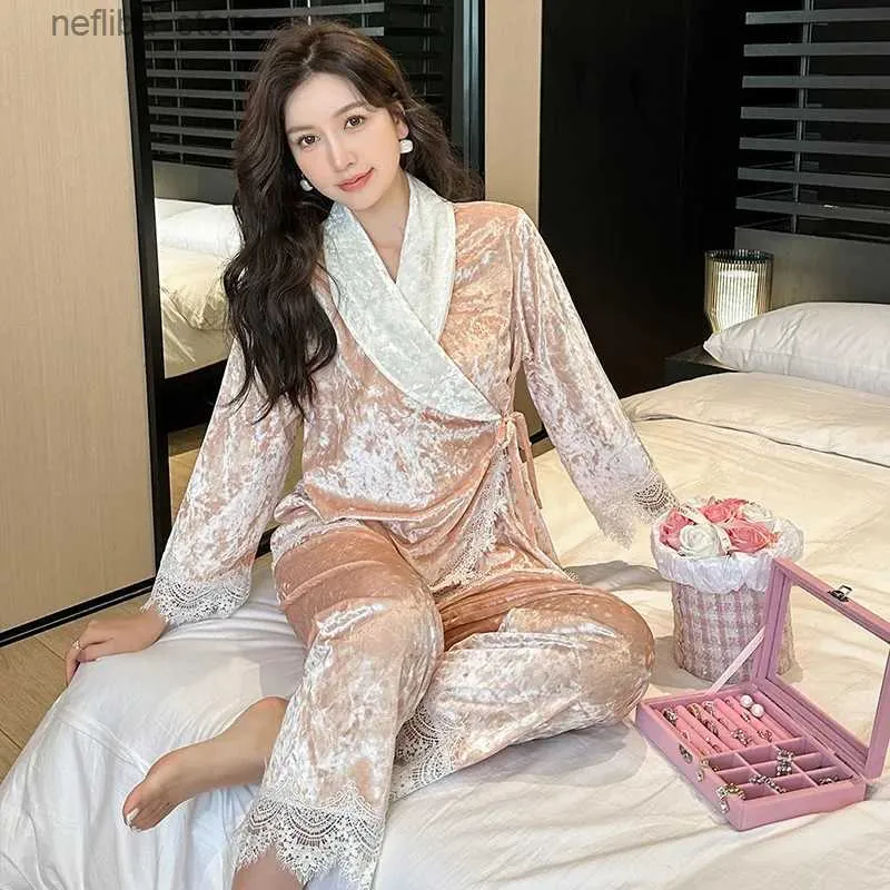 Pijama sexy y renda pijama manga longa roupas de dormir de luxo de luxo mulher feminino pijamas de veludo conjunto