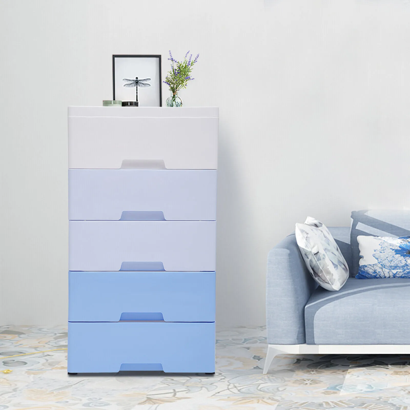 5 Drawer Plastic Storage Tower Vertical Clothes Chest for Bedroom Closet Small Space Gradient Blue from Dhgate Bedroom Furniture