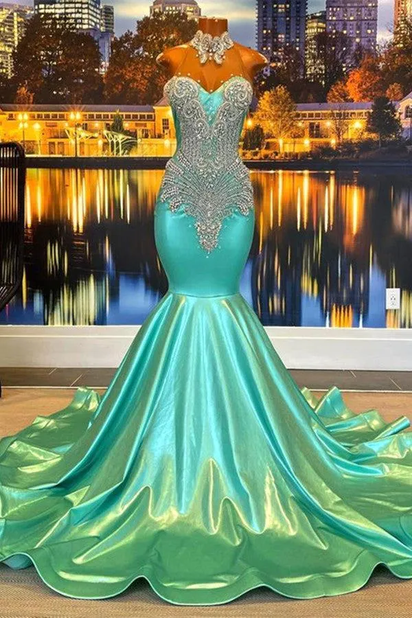 Aqua Green Mermaid Prom Vestres Cristais Biços Sweetheart High Neck Seqiins para 2024 Meninas negras Prom vestidos de noite de formatura vestidos de Bal BC18581