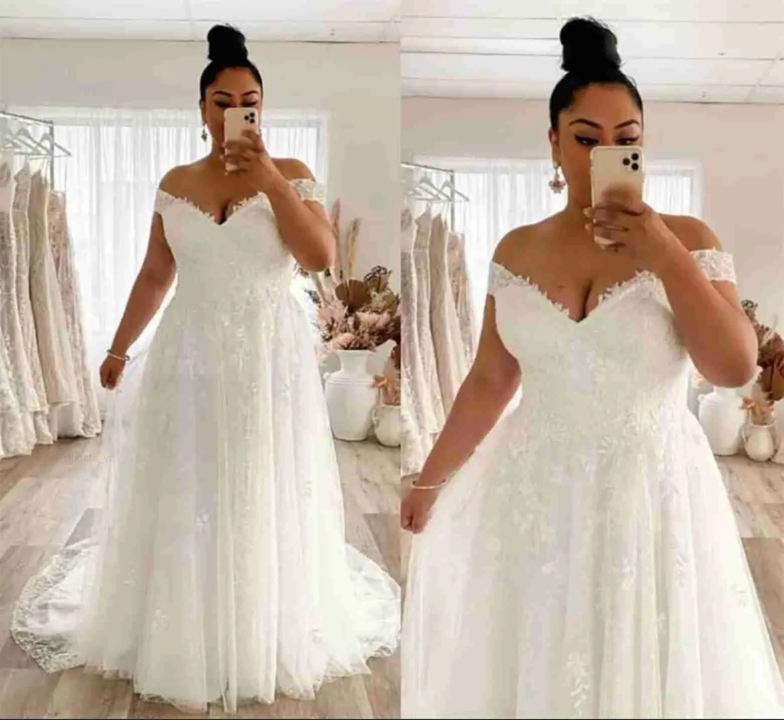2022 Plus -storlek bröllopsklänning En linje utanför axeln spets stora brudklänningar applikationer zip tillbaka underbara dam äktenskapsklänningar vit elfenben