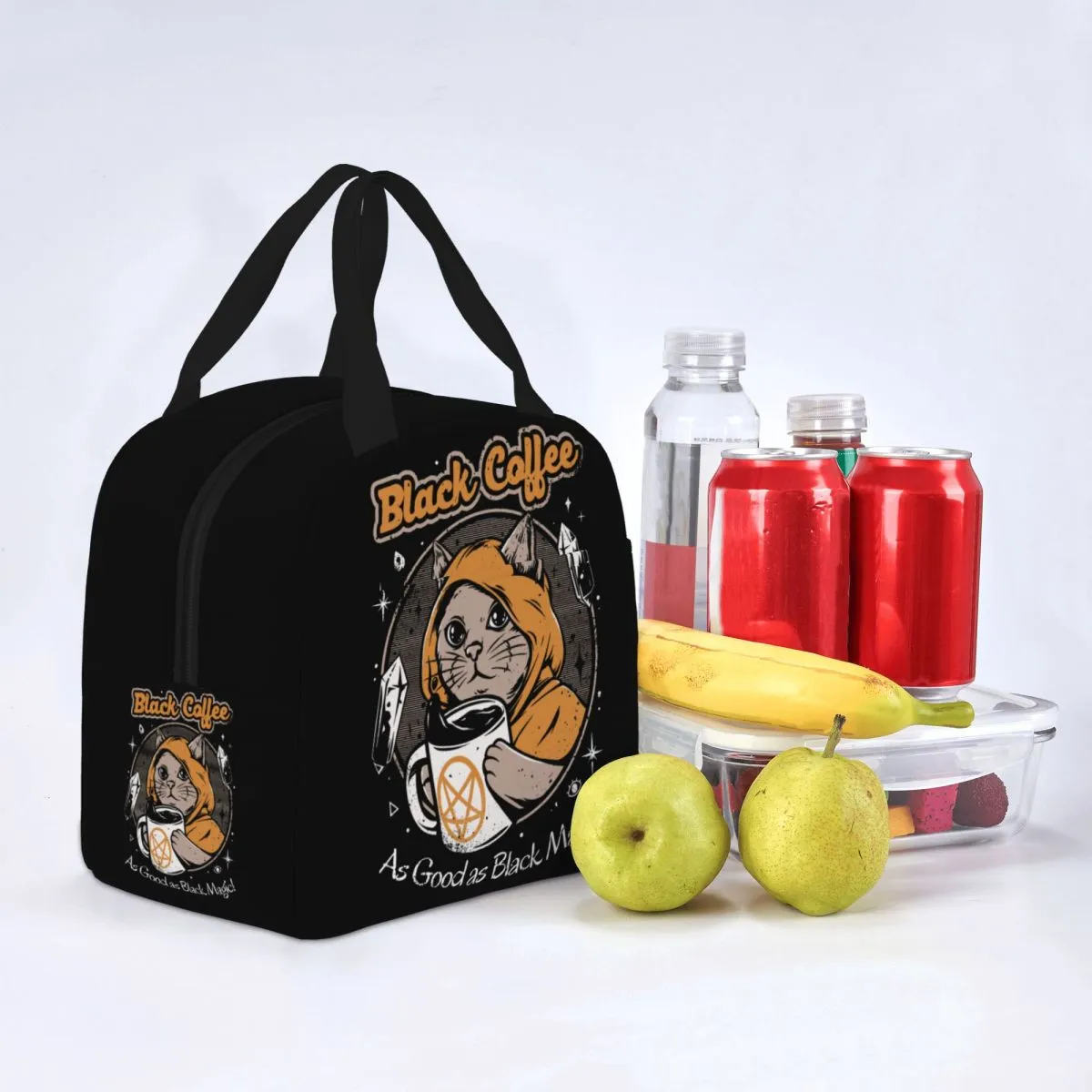 Borsa da pranzo isolata dal caffè nero Giappone gatti retrò horror satana di halloween contenitore pasto termico borse da pranzo borse