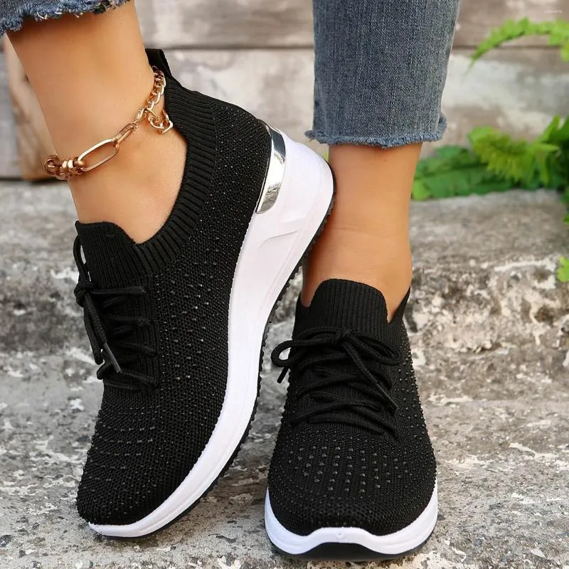 Lässige Schuhe Frauen dicker Soled Wedge Sneakers Diamant Stricken runde Zehen Schnüren Frühling Summer Slip auf Sapatos Feminino