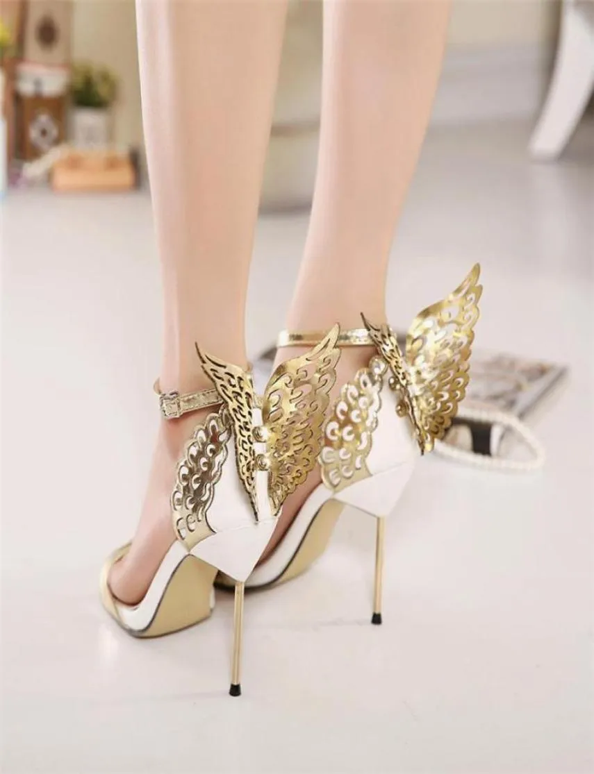 Sandały luksusowe kobiety o wysokości 10 cm fetysz skóra seksowna metalowe buty motyla letnie buty lady złota sztyletka walentynkowa Sandlessa9959163