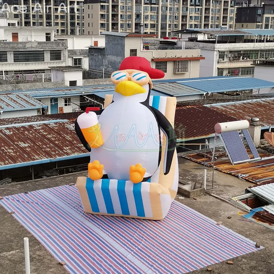 5MH 16.4ft Hög anpassad jätte Penguin -tecknad uppblåsbar hatad Penguin -modell som håller juice kopp för kommersiell hyra eller display