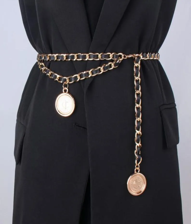 Paski modne bioderowy metalowy łańcuch dla kobiet okrągły designerka skórzana luksusowy pasek linowy żeński drobny pasek1856165