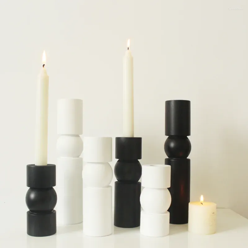 Titulares de velas Moda artesanato de madeira minimalista italiano preto castiçal branco ornamento geométrico requintado decora