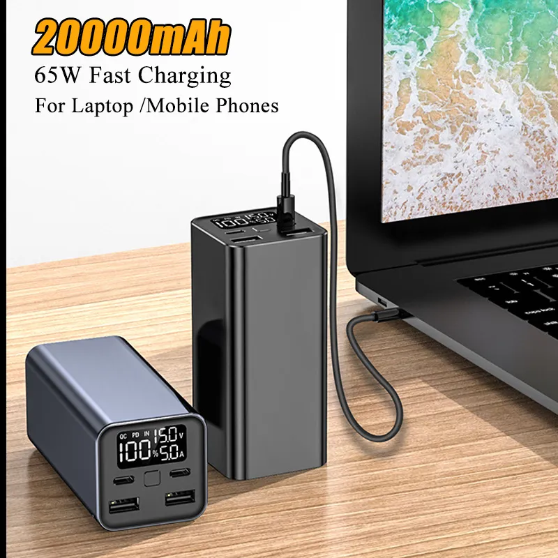 20000mAh Power Bank Typ C PD 65W schnelles Lade -Powerbank External Battery Ladegerät für iPhone Xiaomi Huawei Laptop Tablets