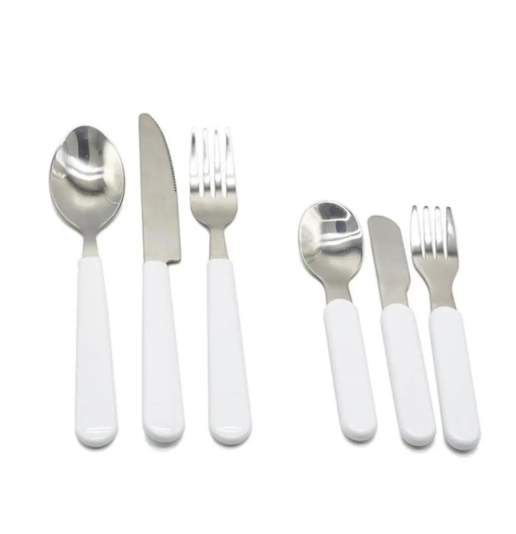 Sublimation leere weiße Kinder Messergabel Löffel Besteck Set Edelstahl Silber Geschirr Küche Abendessen Baby Fütterung 2498 T9279688