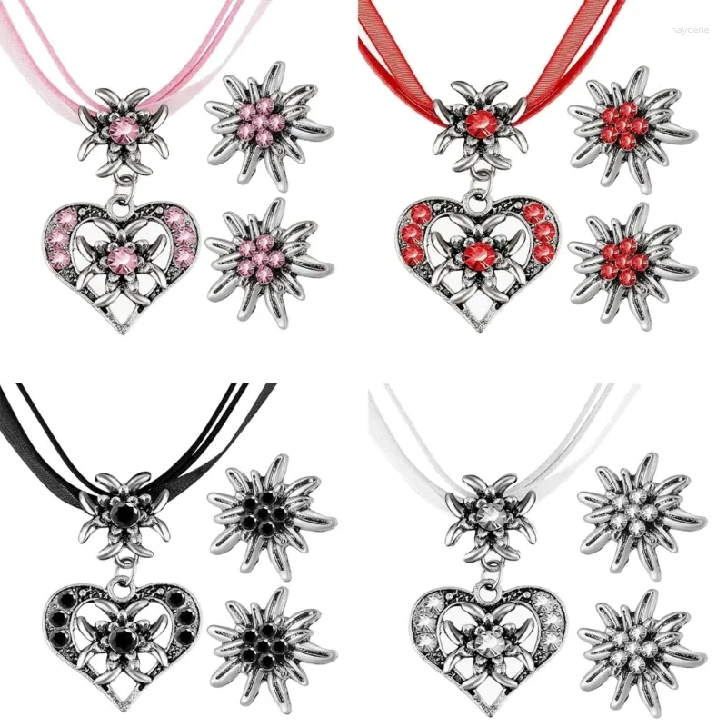 Ketting oorbellen set modieus hart hanger Edelweiss voor dames lint koord choker Oktoberfest feest banketten sieraden 97QE