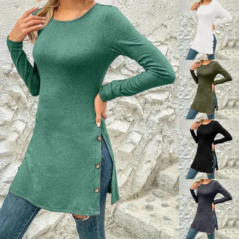 Casual Dresses Women's Autumn/Winter Solid Long Sleeve Button Slim Fit Side Split Dress Maxi For Women
