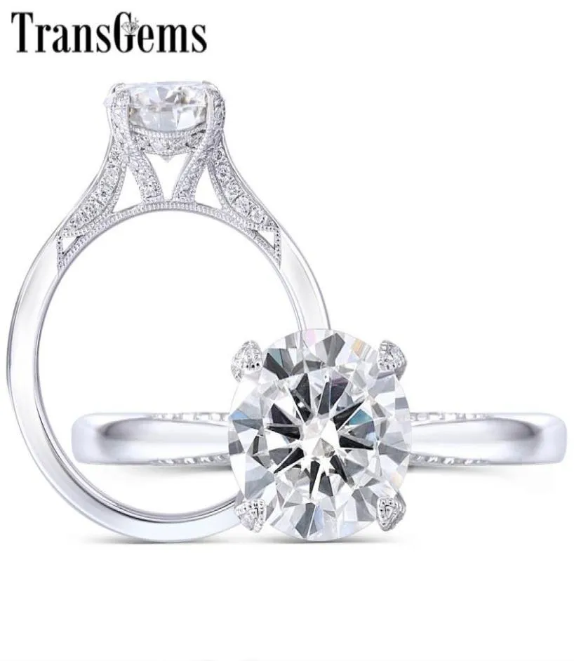 Transgems 14K White Gold Center 15CT 75mm Round F Color Moissanite Ring med accenter för kvinnor Vintage Engagement Bridal Set Y192732059
