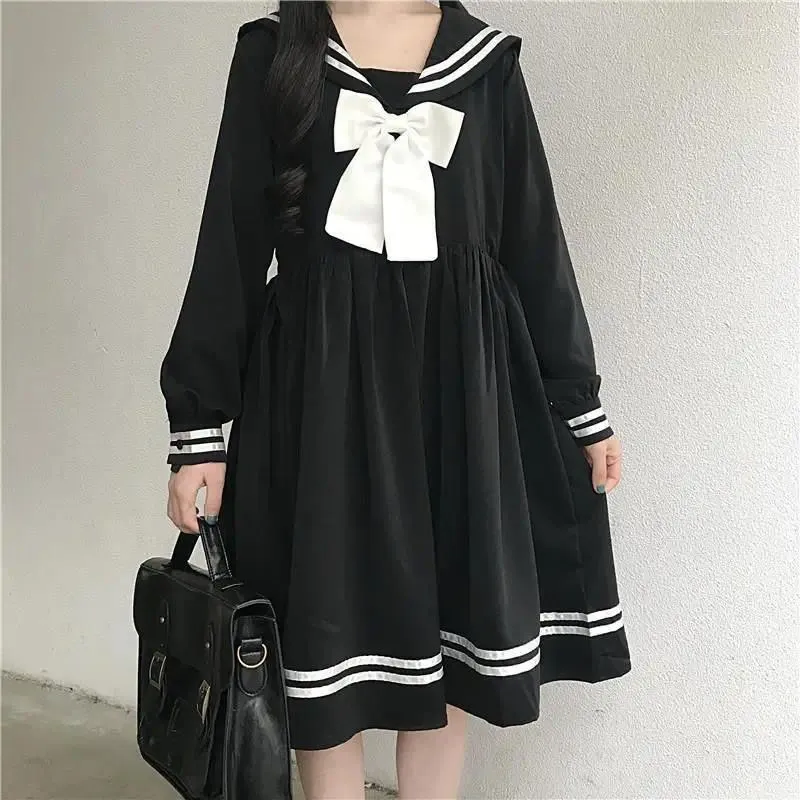 Casual Dresses HOUZHOU Black Lolita Dress Women Bow Patchwork Loose Japanese Preppy Style Sailor Collar Kawaii Long Sleeve Jk Girl Outfit