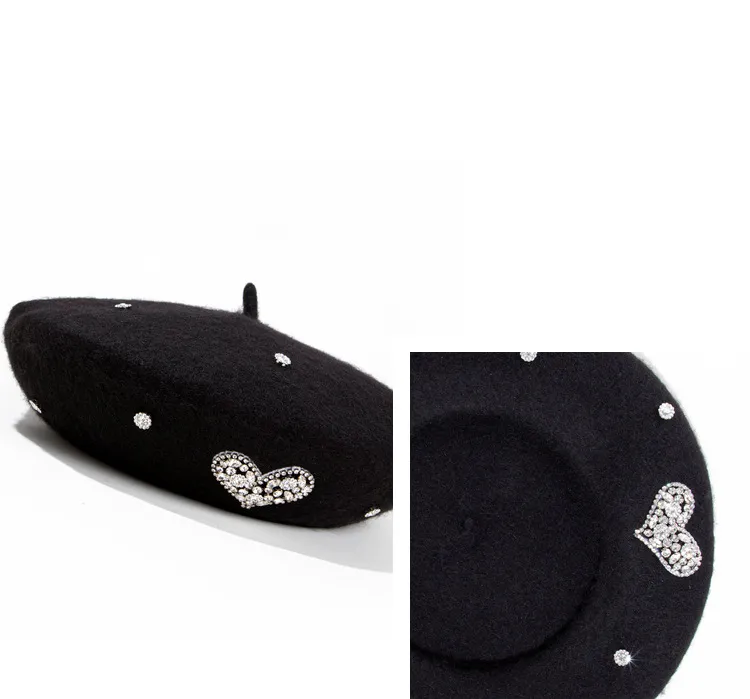 2024 Winter Women Wool Beret Love Heart Rhinestone British  display picture 3