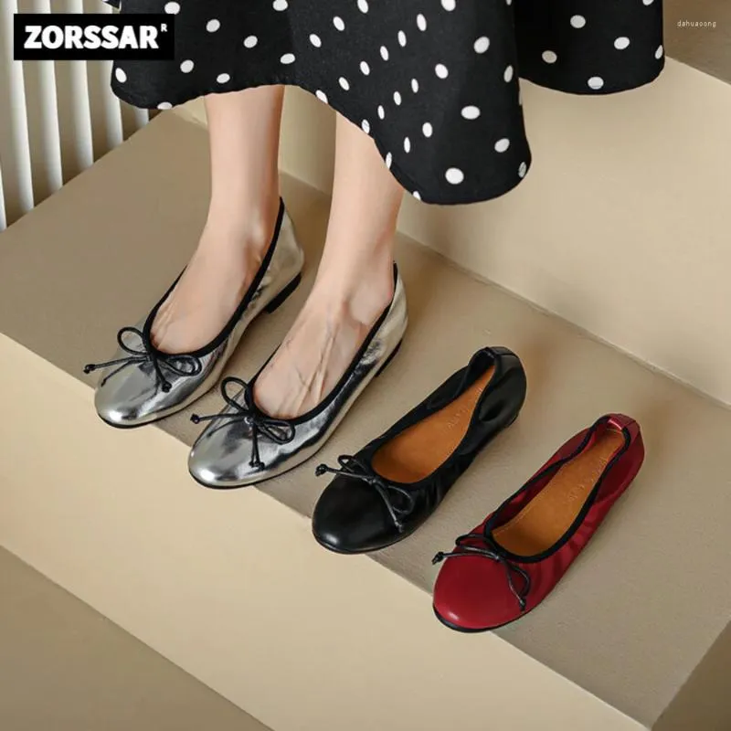 Casual schoenen 2024 dames flats loafers mode bowtie echt lederen ronde teen ondiepe dames ballet soft flat single