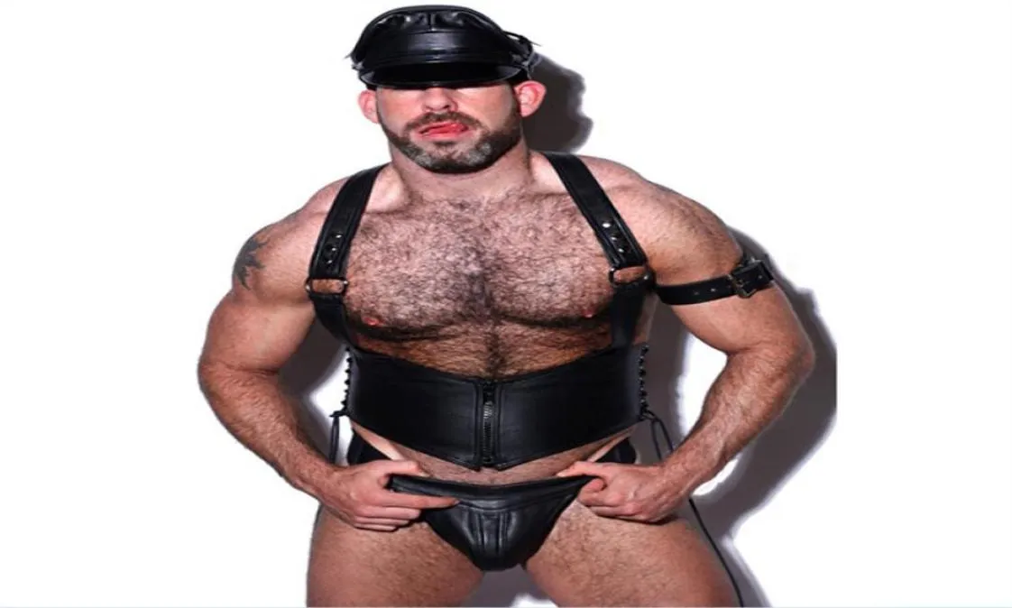 Men Sexy Faux Leather Night Club Costumes Erotic Lingerie Set Gay Fetish Underwear Male Sex Game Flirt Clothes T2007168927108