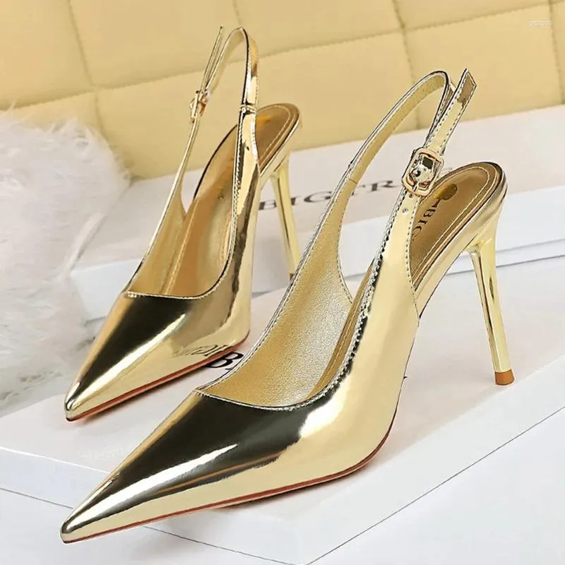 Dress Shoes Women 9.5cm High Heels Gold Sandals Lady Glossy Leather Stripper Slingback Sandles Stiletto Wedding Bridal Mules