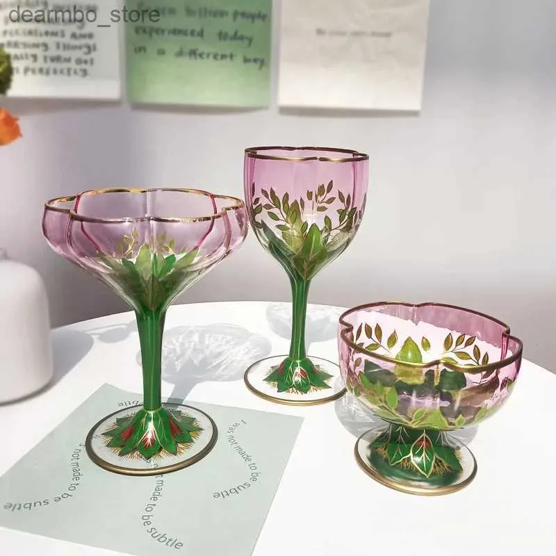 Vinglas Österrike Vintae Champane Wine Lasses Cup Crystal Lass Red Wine Cup Pink Handmålad glass Bowl Flower Oblet Lasses L49