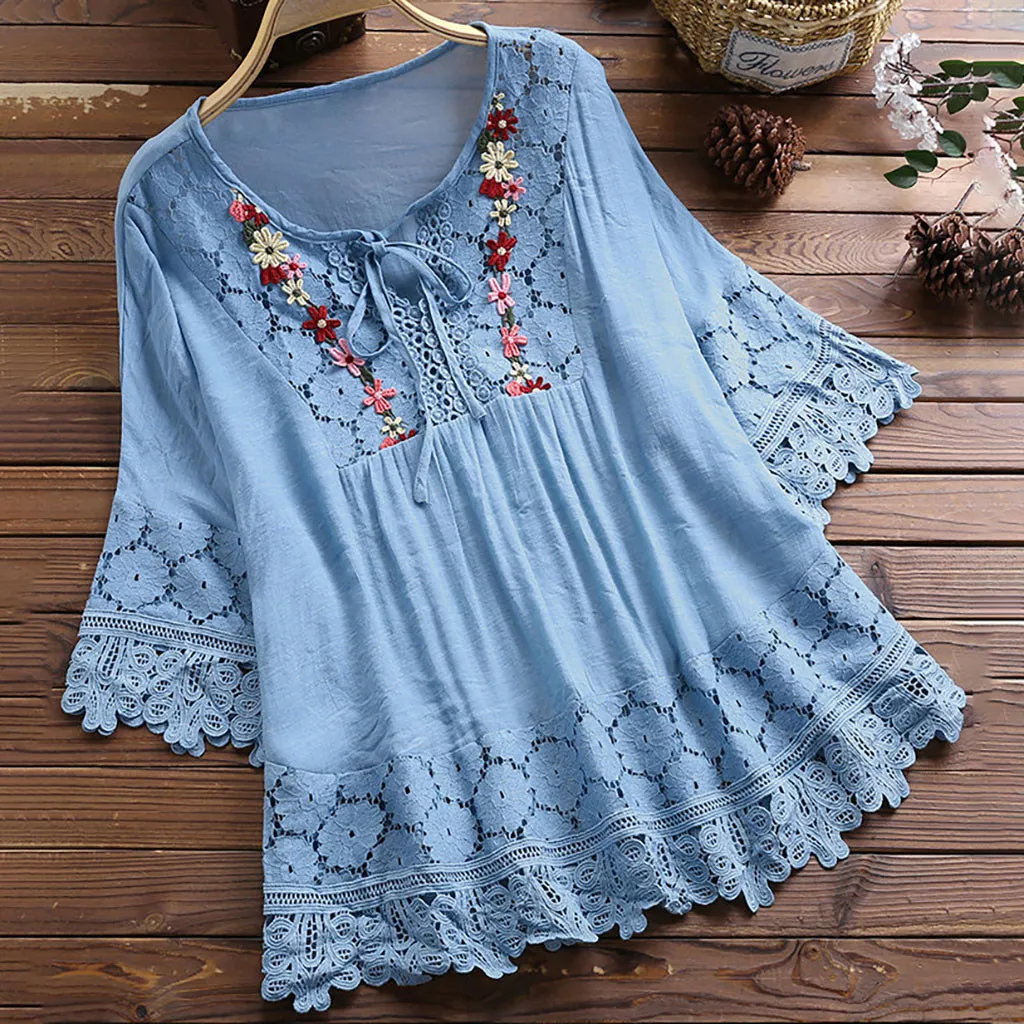 Lace Trim Floral Embroidery Blouse: Womens Casual V-Neck 3/4