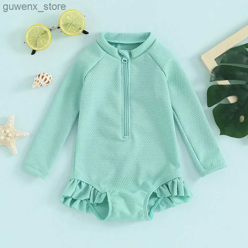 One-Pieces 6M-4T Preschool Girls Summer Swimsuit Shawl Long Sleeved Round Neck Solid Color Zipper Bikini Set Lace Swimsuit Y240412