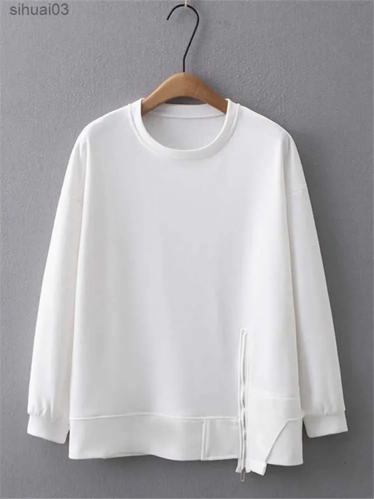 Herrtröjor tröjor plus storlek kvinnliga kläder vårens höst rund hals t-shirt långärmad tröja lös pullover med asymmetrisk zip vid heml2403