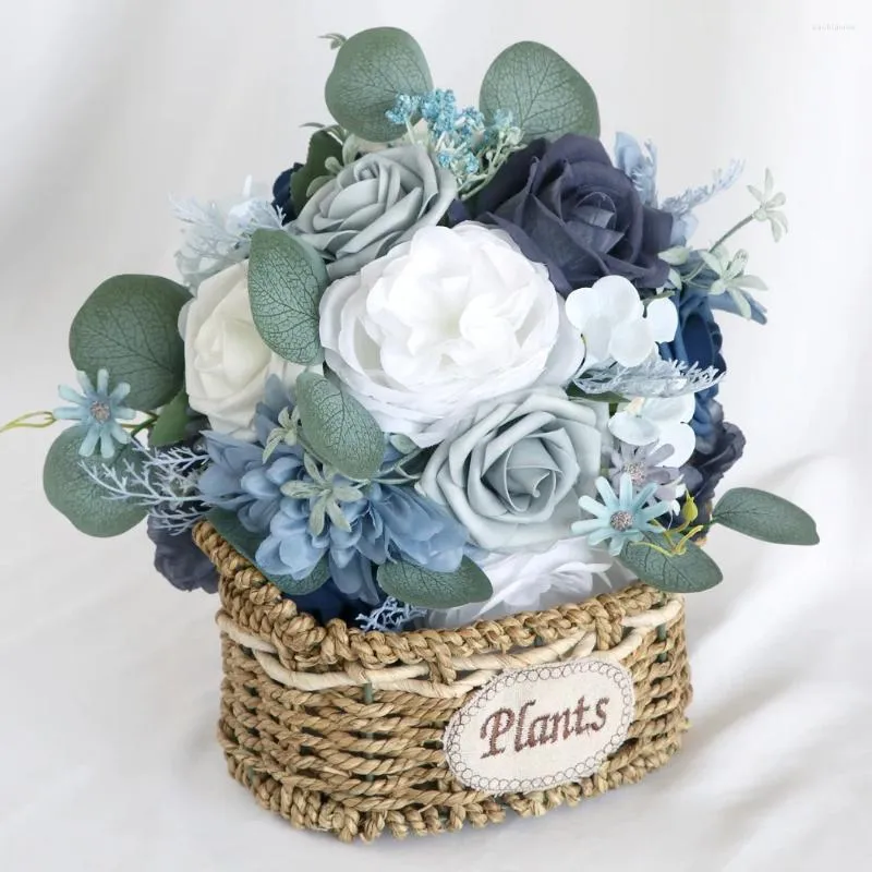 Flores de casamento Buquês de noiva elegantes azul marinho com verde branco 24 acessórios de 32 cm