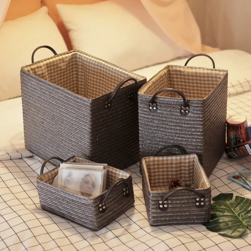 Ins Simple Woven Storage Basket with Handles Desktop Sundries Baskets Household Dirty Laundry Basket Books Cosmetic Organizer