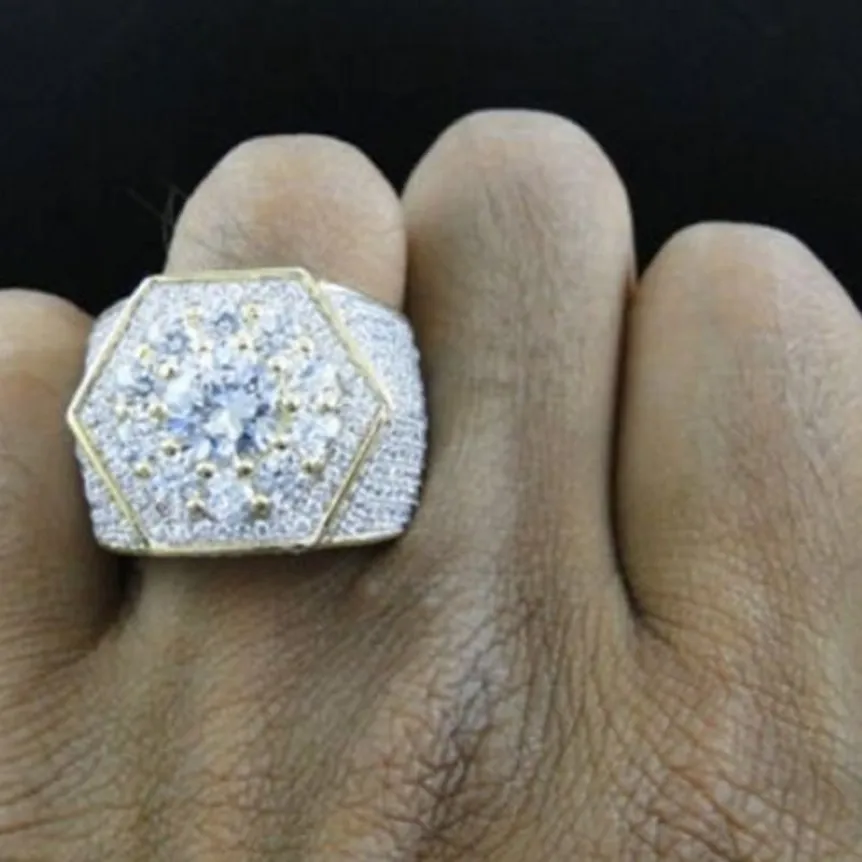 Iced Iced Out Cumbic Zircon Bling Ring Gold Color Hexagon Full CZ Bijoux micro pavé Iced Out Cumbic Zircon Anneaux 295E