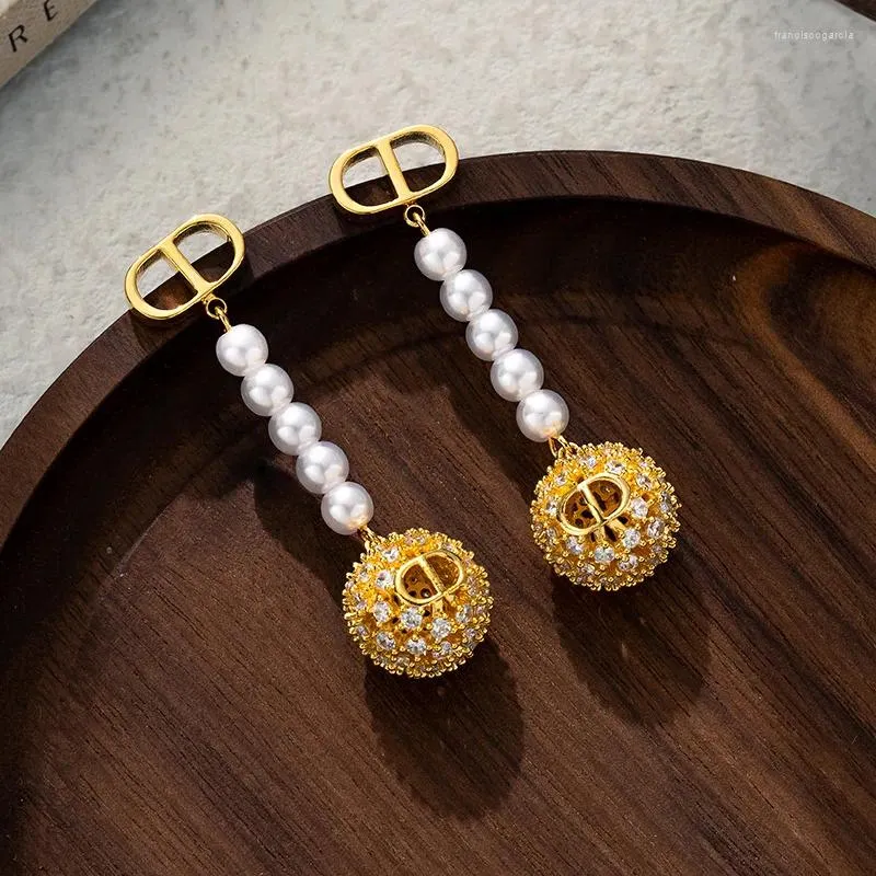 Dangle Earrings Women's Long Hollow Spherical Pearl