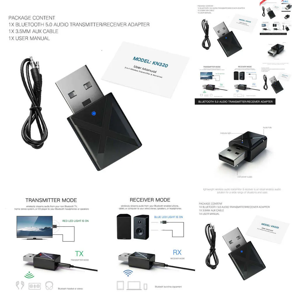 Ny 2024 2024 Bluetooth Car Kit 3.5mm AUX + USB Bluetooth -mottagare sändare 5.0 Trådlös ljudmusik Stereo -adapter för TV PC Car -högtalarens hörlurar