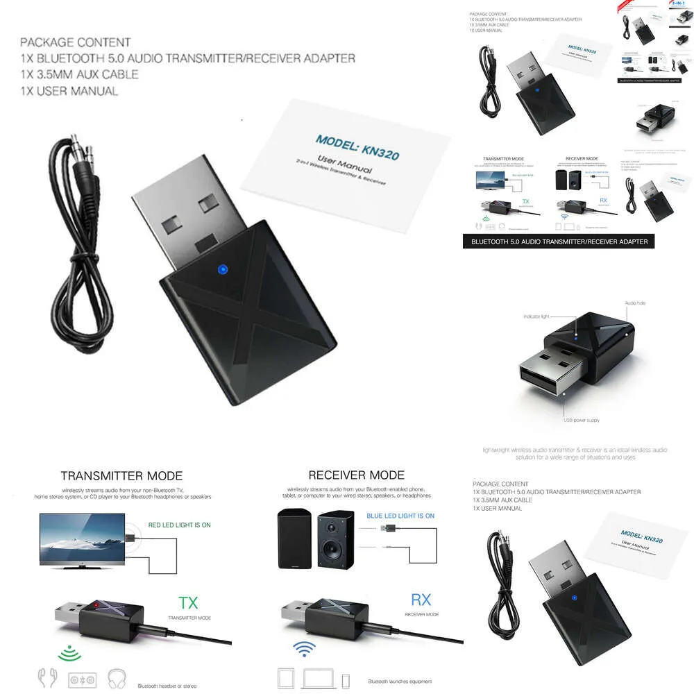 새로운 2024 2024 Bluetooth 자동차 키트 3.5mm Aux + USB Bluetooth 수신기 송신기 5.0 TV PC 자동차 스피커 헤드폰 용 무선 오디오 음악 스테레오 어댑터