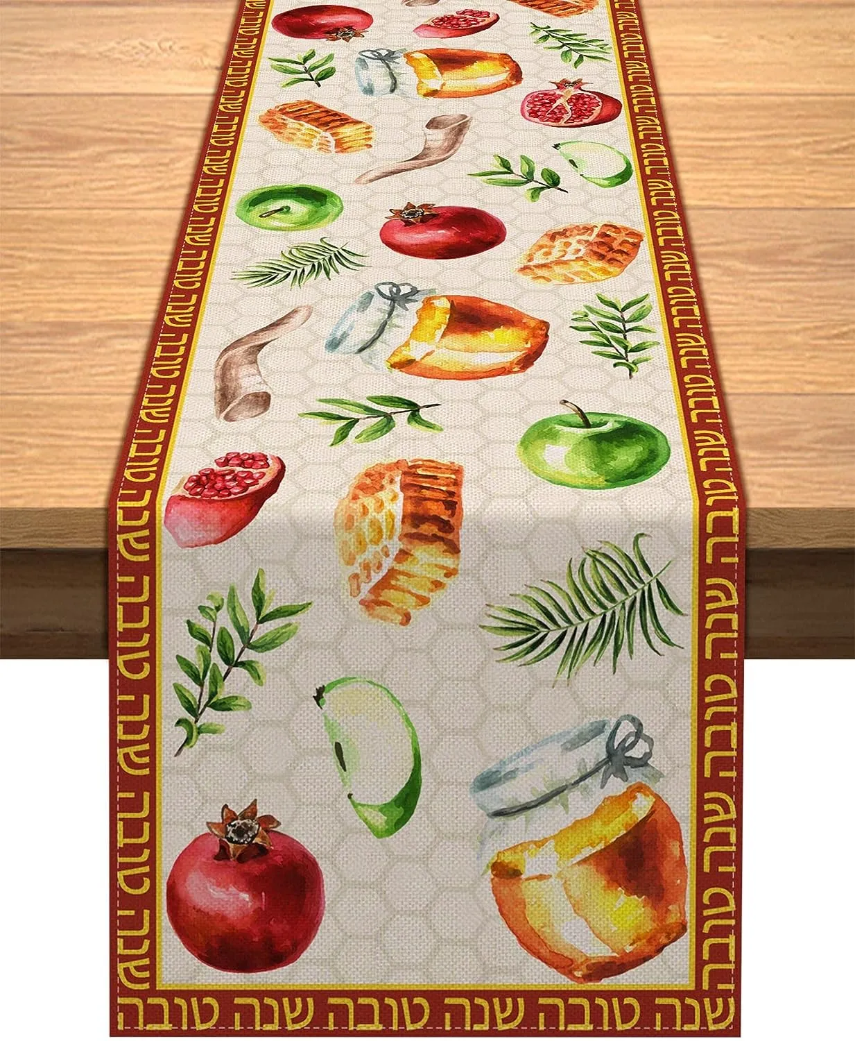 Shana Tova linne bordslöpare judiska nyårsfest dekor återanvändbar bordslöpare för matbord rosh hashanah bordsdekoration