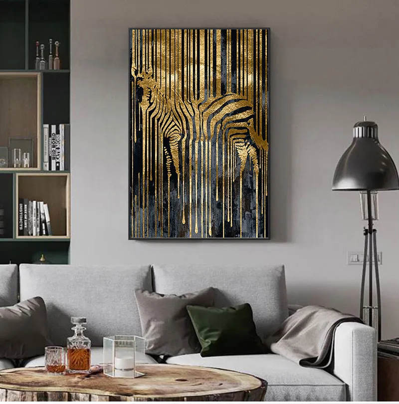 Arte abstrata Arte Golden Zebra Nórdica Pintura de pôsteres e impressões modernas da arte da parede de Cuadros Scandinavian para sala de estar