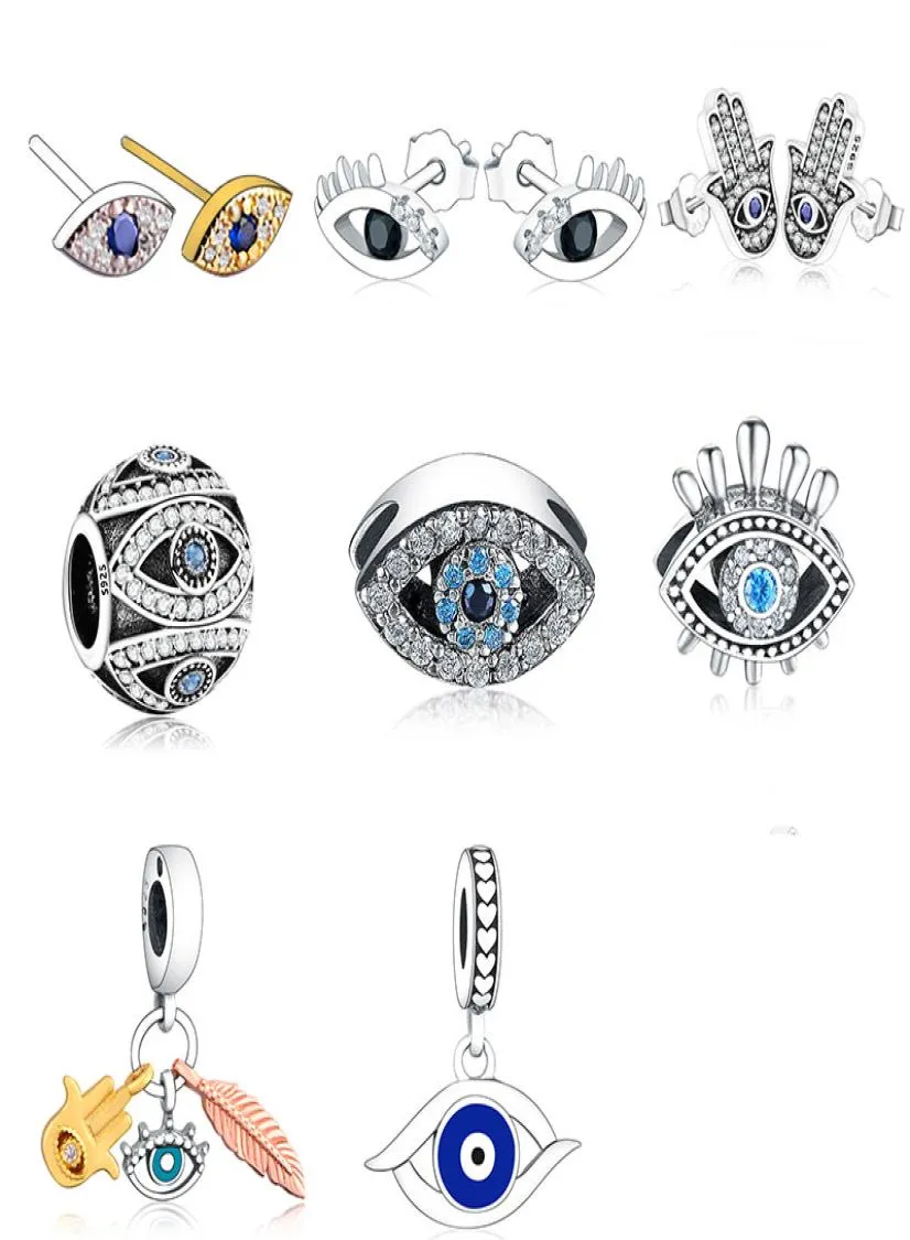 925 FATTO PID SIGNIO P FAMBO 925 Bracciale Bracciale Neckalce 925 Sterling Trunk Turchia Blu Evil Eye Zirconia Bead Charms Set a sospensione perle sottili fai -da -te gioielli2826086