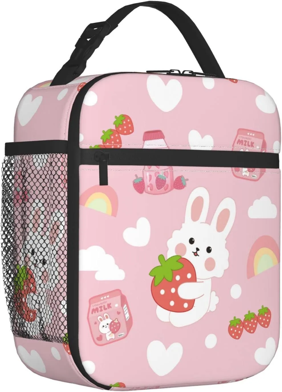 Borsa da pranzo rosa con coniglio di fragola pranzo isolato ragazze donne riutilizzabili le perdite portatili le perdite picnic scolastico