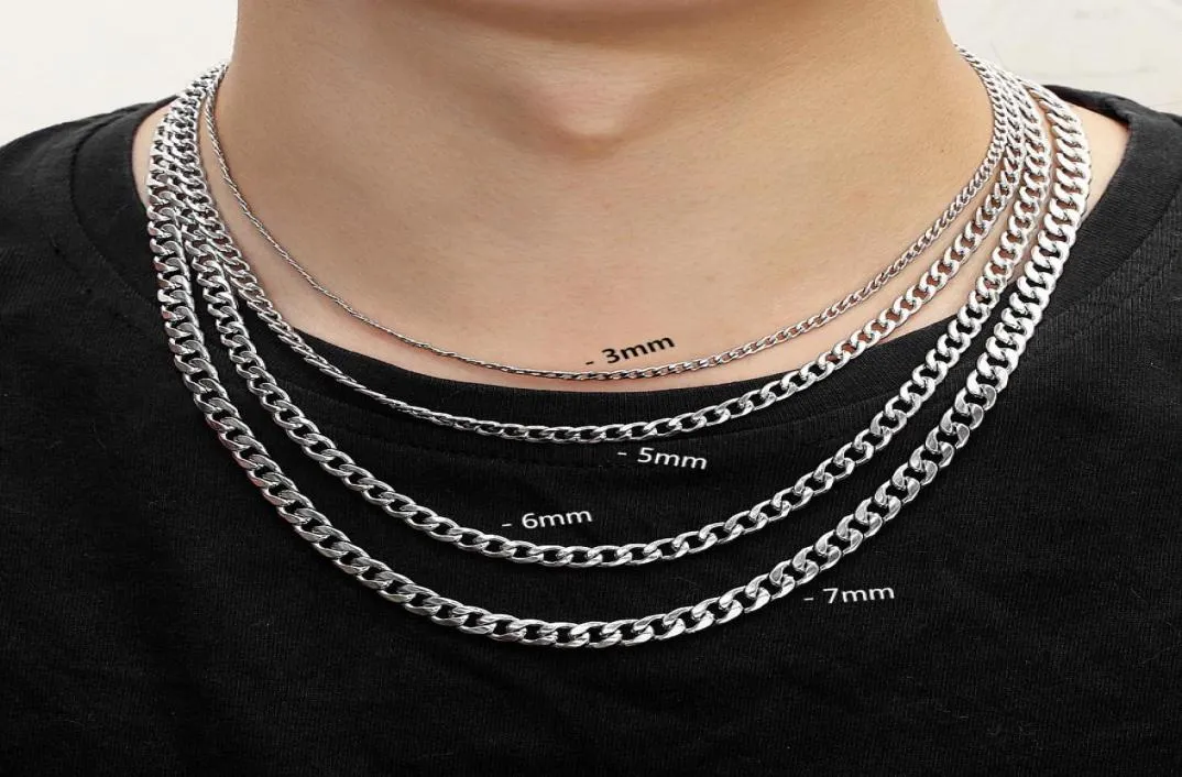 3 mm 5 mm 6 mm 7 mm Cadenas cubanas de plata de 7 mm Collar de langosta de acero inoxidable que fabrican collares chapados de calidad alta para mujeres VE3783546