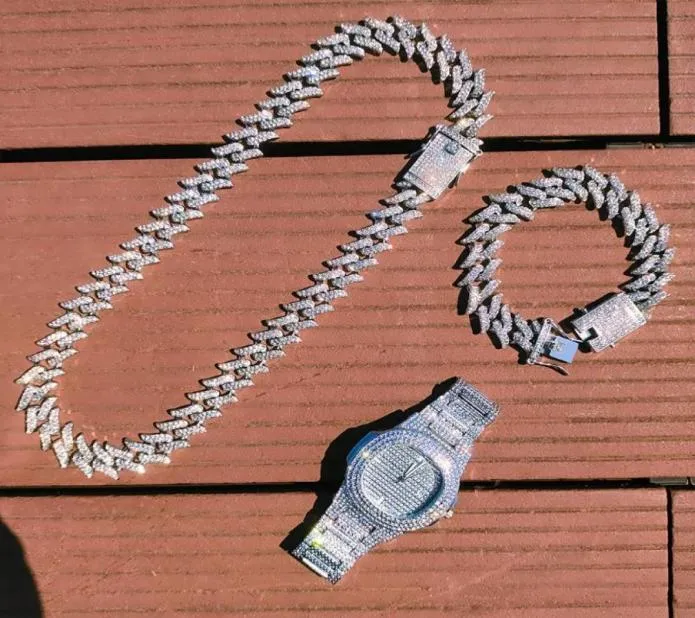 Chains 3pcs Kit Hip Hop Iced Out Full Bling Rhinestone Men039s Thorns Prong Cuban Link Necklace Watch Bracelet For Men Women Je9721030