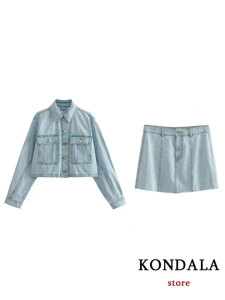 Kondala vintage solide chic denim femme de denim costume de relevé collier simple poitrine poitrine veste courte jupe de mode sets d'été 240412
