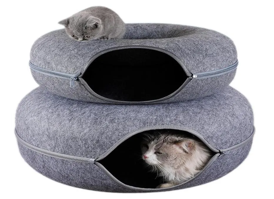 Cat Toys Donut Tunnel Bed Pets House Natural Filt Cave Round Wool voor kleine honden interactief spelen speelgoedcat4155239