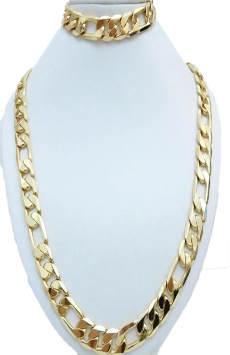 Collier 24k Jaune Gold rempli Men039S Bracelet Collier Set Figaro Curb Chain 2003903922039039240390392685951203120513