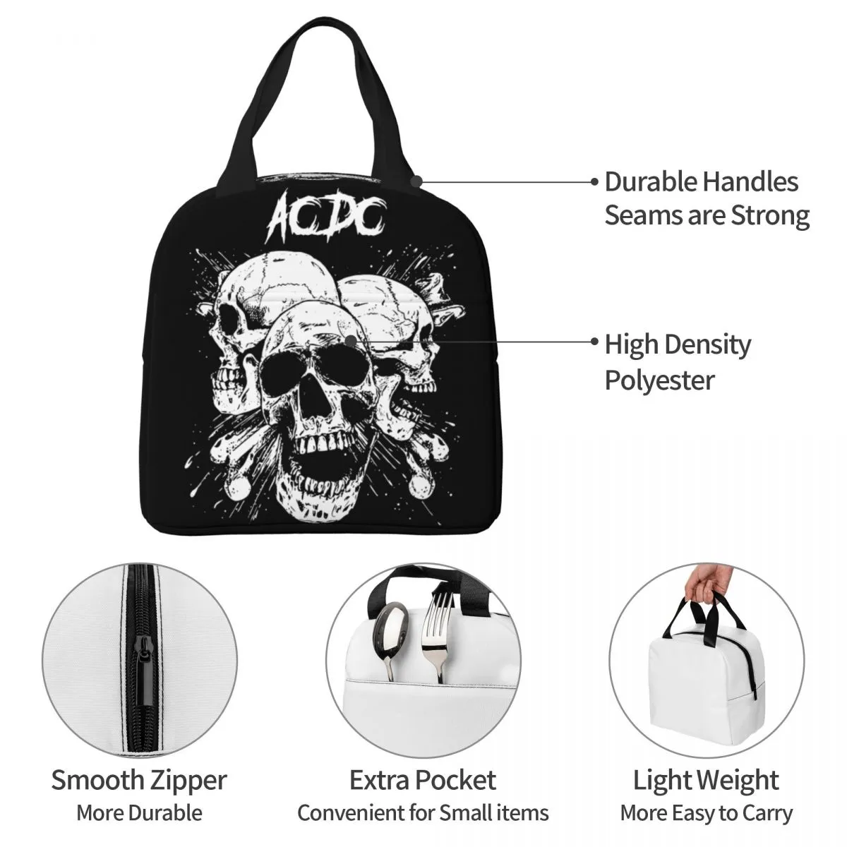 AC DC Heavy Metal Music Insulated Lunch Bags Thermal Bag Meal Container Skull Large Tote Lunch Box Girl Boy College Picnic