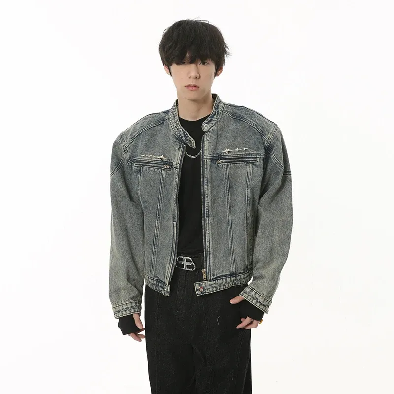 thumbnail interactive-video image 1 of Men's Distressed Denim Biker Jacket With Embroidery & Fringe - Black Streetwear Coat 1 of 12